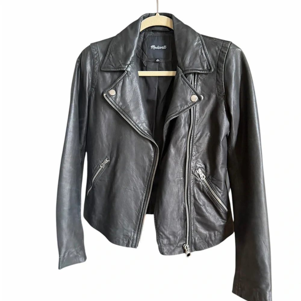 Madewell Washed Leather Black Motorcycle Biker Jacket Size XS NWOT Never Worn - Picture 12 of 14